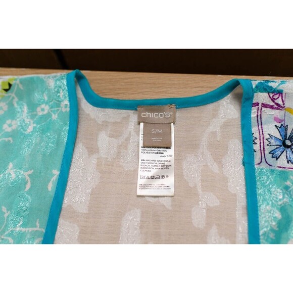 Chico's S/M blue floral multi color lightweight kaftan kimono coastal grandma - Picture 3 of 7